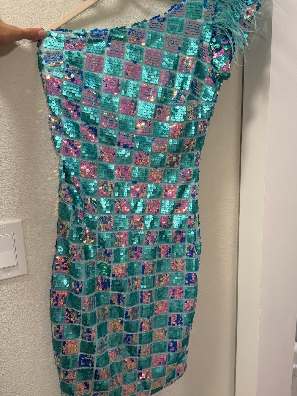 One-Shoulder Sequin Cocktail Dress in Teal and Pink